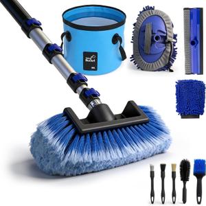 Up to 26FT Reach 20FT Car Wash Brush Kit with Long Handle, 8 Attachments, 180° Rotating Mop & Foldable Bucket, Scratch-Free Soft & Hard Brushes for Cars, Trucks, SUVs & RVs