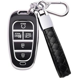 for Hyundai Key Fob Cover 5 Button Soft TPU with Leather Keychain 360 Degree Protection Car Key Case Shell Holder Fits for 2023 2022 2021 2020 Hyundai Sonata Santa fe Tucson, B Black
