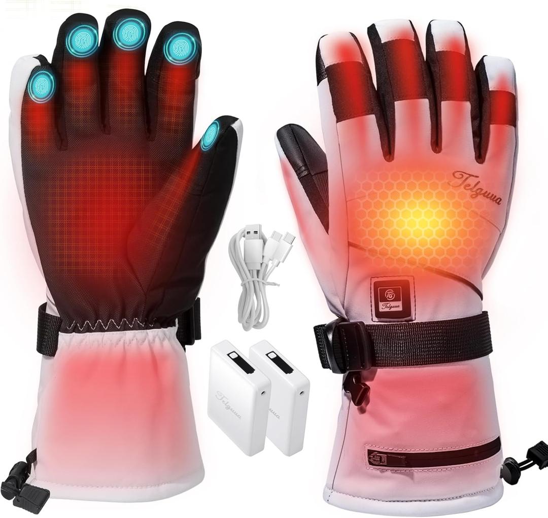 Telguua Heated Gloves for Women Men,Electric Rechargeable Heated Work Glove Ski Mitten Waterproof Touchscreen Heated Gloves (Large, White)