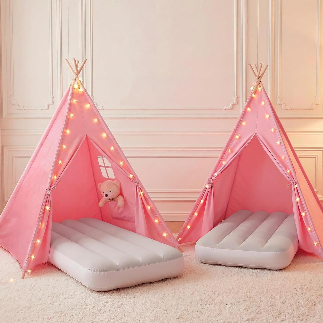 Wilwolfer Pink Sleepover Teepee Tent for Kids-2 Pack Tipi Playhouse for Kids with Lights& Flag& Inflatable Airbed -Indoor/Outdoor Foldable- Slumber Party Tent -Sleepover Party Supplies
