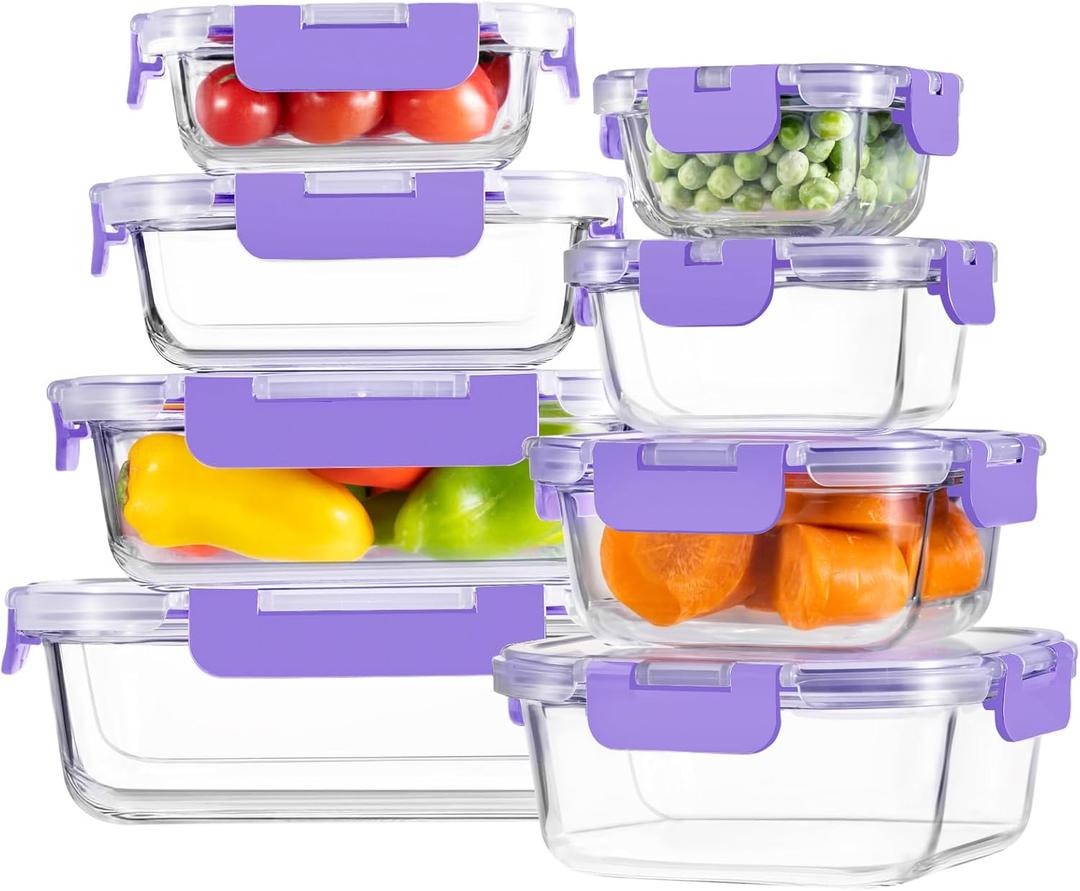 HOMBERKING 8 Pack Glass Food Storage Containers with Lids, Meal Prep Containers, Airtight Bento Boxes with Leak Proof Locking for Microwave, Oven, Freezer and Dishwasher, BPA Free, 5-35oz, purple