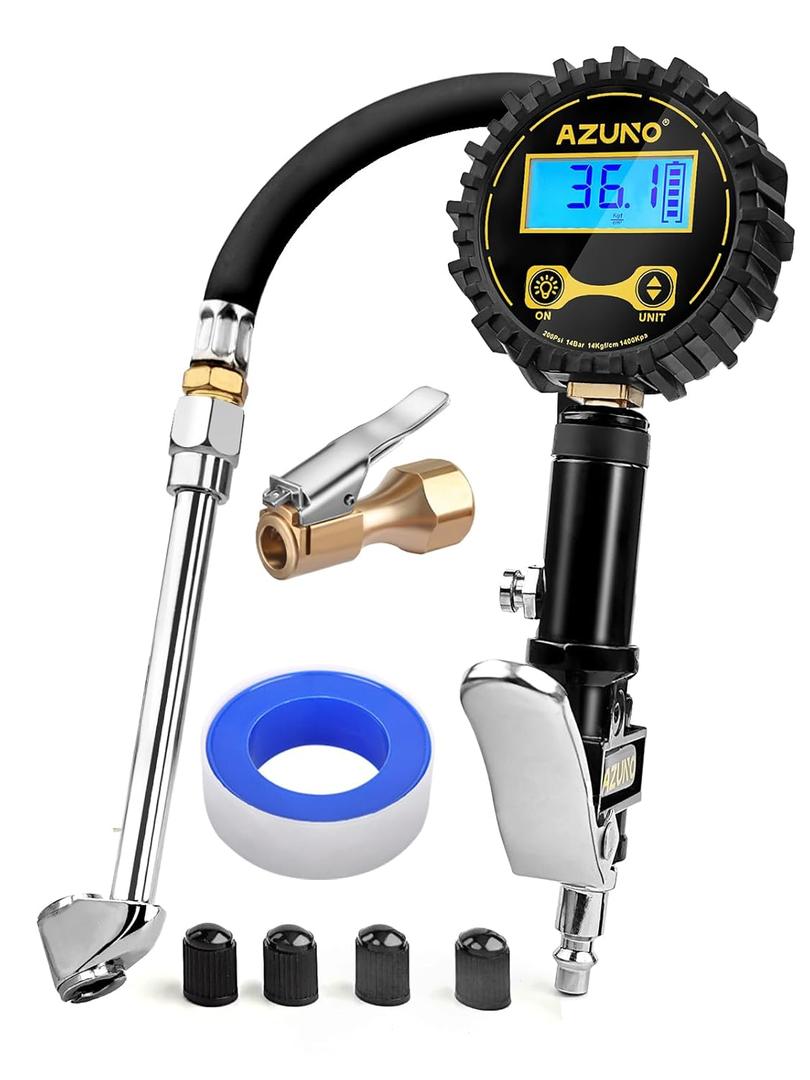 AZUNO Digital Tire Inflator with Pressure Gauge, 200 PSI, Heavy Duty Air Compressor Accessories, w/Rubber Hose Lock on Air Chuck and Quick Connect Coupler