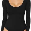 MANGOPOP Long Short Sleeve Bodysuits for Women Scoop Neck Ribbed Body Suit Stretchy Basic T Shirt Tops ,Medium