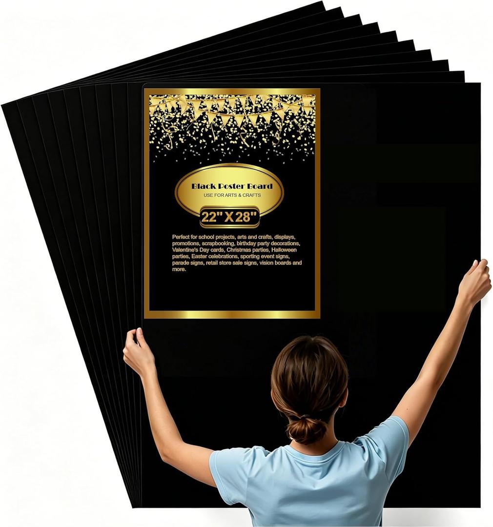 10 Pcs Black Poster Board 22" x 28" Paper Bulk, ROOKEA Vision Poster Boards for School Arts Craft Projects Presentations Drawing Scrapbooking Blank Graphic Display