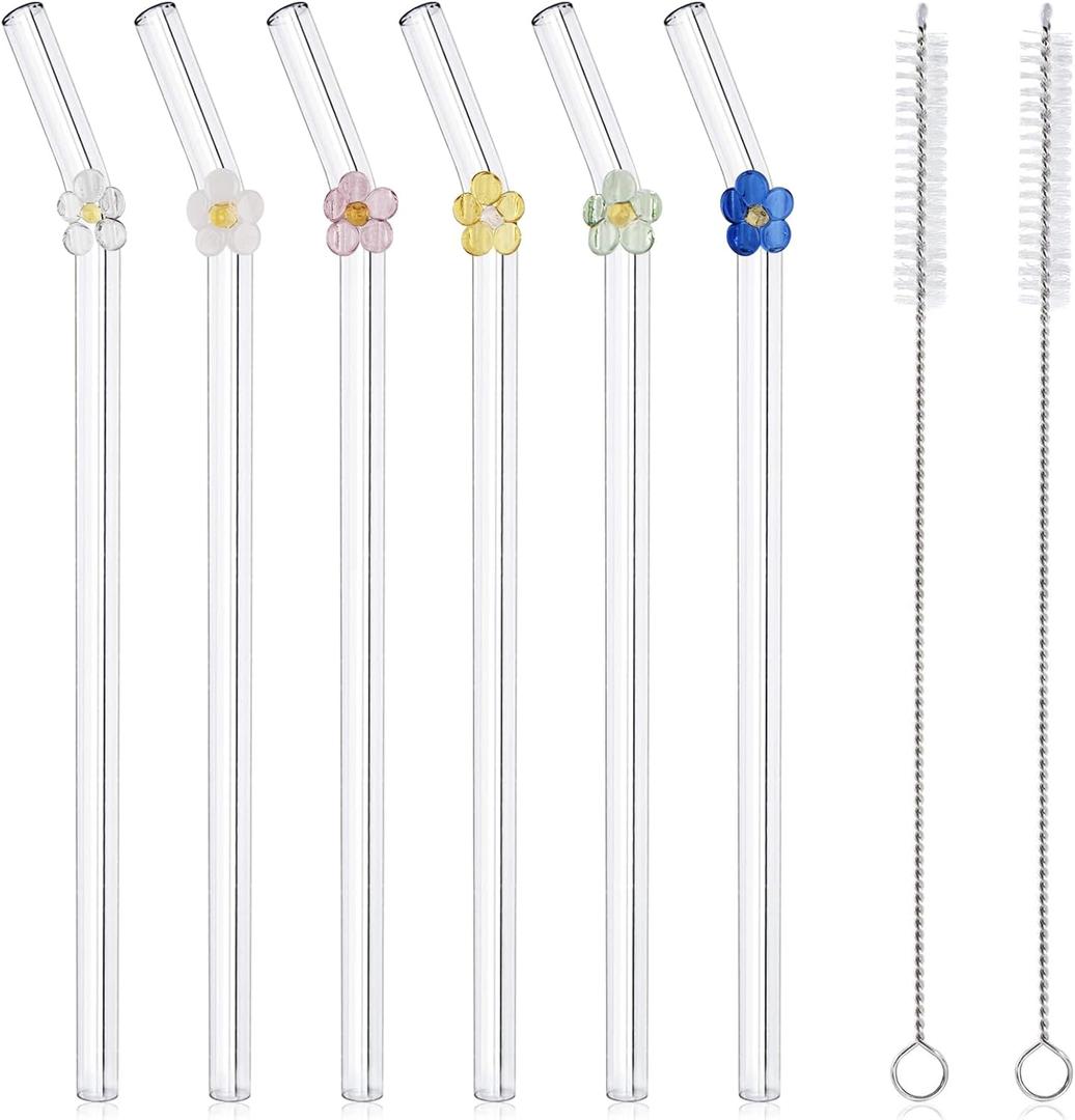 6 Pack Reusable Glass Straws, 7.9"8mm Cute Colorful Flower Glass Straw Shatter Resistant, With 2 Cleaning Brush Dishwasher Safe for Smoothies, Milkshakes, Juices, Teas