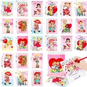 Tenceur 28 Pcs Valentine Pre Printed Coloring Cards 5 x 7 Inch Pre Painting Card Classroom Valentine Exchange Gifts Prizes Party Favors Supplies(Vintage Style)