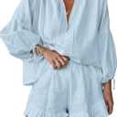 Mxiqqpltky Linen Shorts Sets Women 2 Piece Outfits Long Sleeve Tie Front Tops and Ruffled Boxer Shorts Matching Lounge Sets (Medium, Blue)