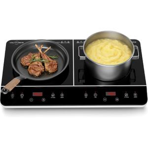 Double Induction Cooktop 1800W, Portable 2 Burner Electric Cooktop with Split Touch Control, 10 Power Levels, 4-Hour Timer, Child Lock, Low Power Continuous Heating, 110-120V