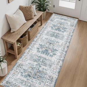 Hallway Runner Rug 2x8 Washable Area Rugs, Vintage Floral Rug Soft Non Slip Stain Resistant Boho Floor Carpet Runners for Hallways Entryway Laundry Room Kitchen, and Bedroom White Blue