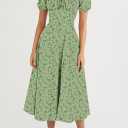 Linsery Women's Puff Sleeve Floral Maxi Dress Elegant Square Neck Cottagecore Boho Split Long Dresses (Large, Green)