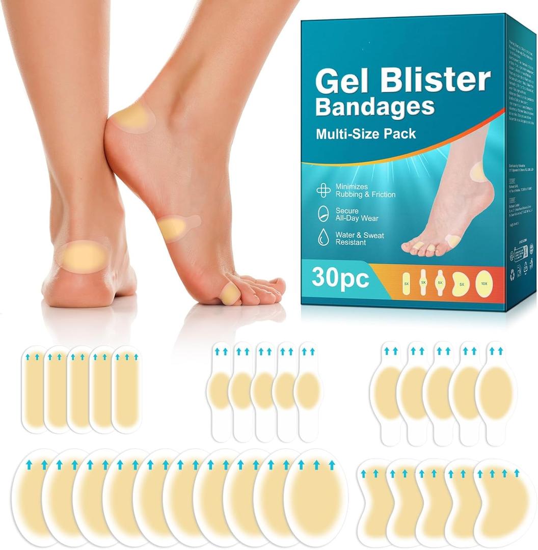 Gel Blister Bandages for Feet, 30ct Water-Resistant Hydrocolloid Bandages for Foot, Toe, & Heel, Blister Pads for Prevention & Recovery (32 Pcs