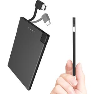 TNTOR Thin USB C Portable Charger with Built in Cable, Slim Power Bank for Travel 3500mAh Safe Battery Pack Charger for Pocket Wallet Compatible with iPhone 15 16 17 Series and Android/Samsung/Google