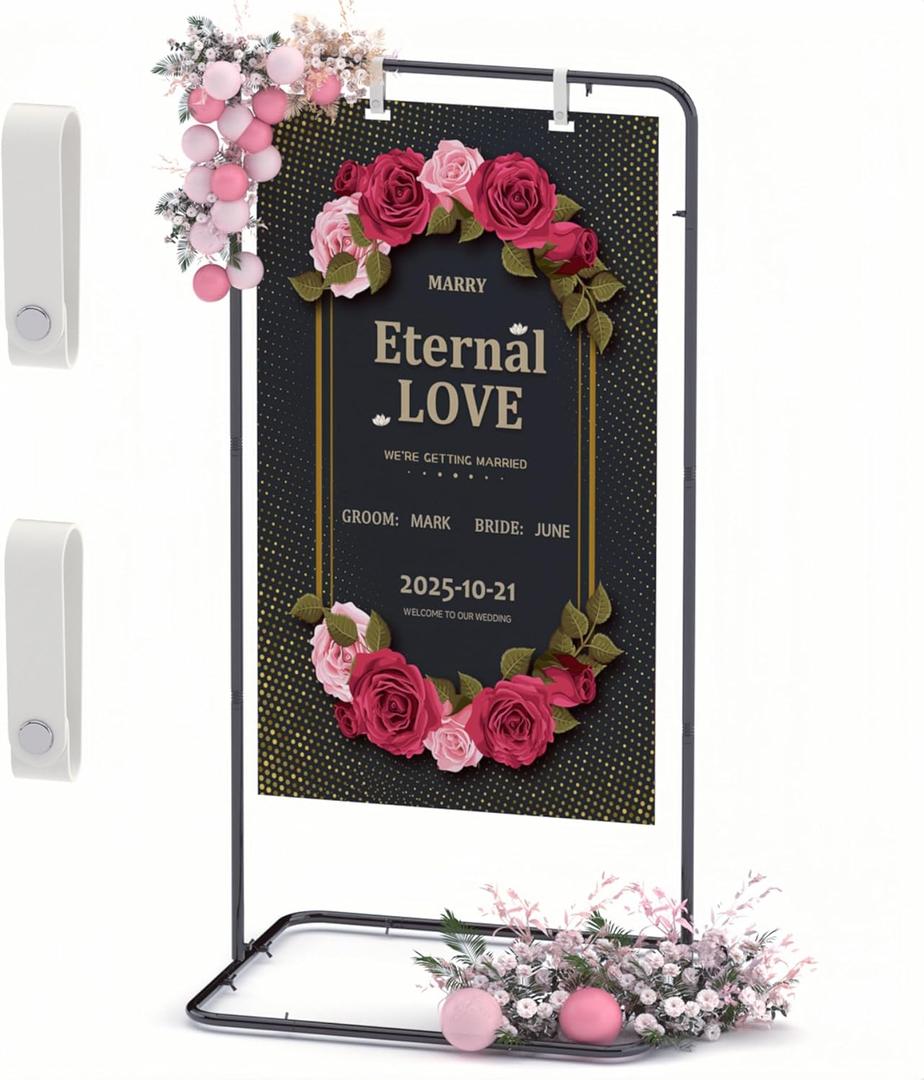 Wedding Sign Holder,Adjustable Welcome to Our Wedding Sign Stand with 2 Pack Leather Hanging Straps Heavy Duty Easel Rack Seating Chart Metal Stand for Birthday Party Baby Shower Graduation Ceremony Decoration,Black