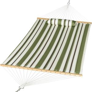 Double Quilted Fabric Hammock with Pillow, Heavy Duty Hammock with Hardwood Spreader Bars, 2 Person Hammock 450 Pound Capacity for Outdoor Outside Patio Garden Yard, Olive/White Stripes