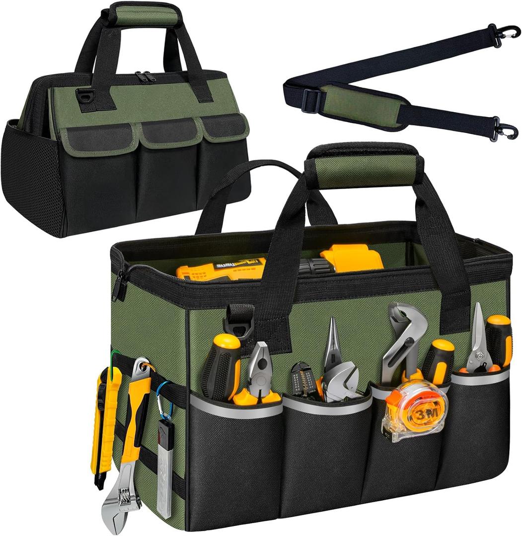 NECKORY Tool Bag, Portable Tool Box Organizer Adjustable Shoulder Strap, Carry Tool Tote Heavy Duty Tool Storage Bag With Wide Mouth,Tool Bags for Men Mechanic EngineerGift - L, Army Green & Black