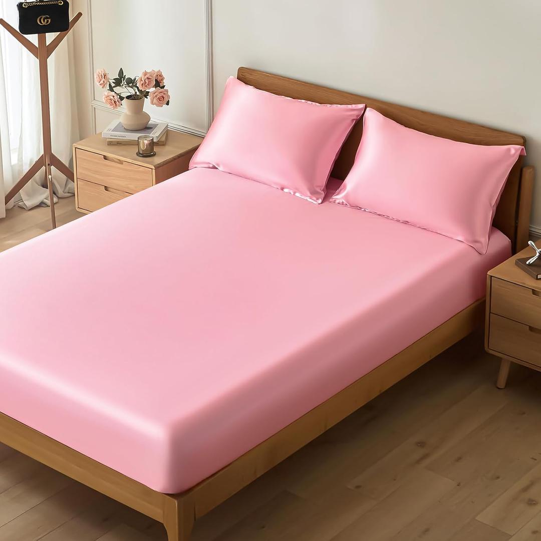VACVELT 2-Piece Satin Fitted Sheet Set Twin XL Size, Pink Bottom Bed Sheet with 1 Pillowcase, Similar to Silk Sheets, Luxury & Silky Bedding Set, 15 Inch Deep Pocket