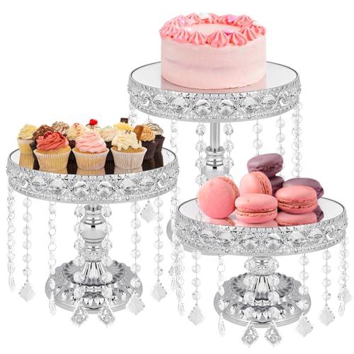 TLY 3 Pcs Silver Cake Stand Set,Round Cake Stand with Crystal Bling Pendants & Mirrored Base,Elegant Silver Dessert Table Display for Weddings Birthdays Parties