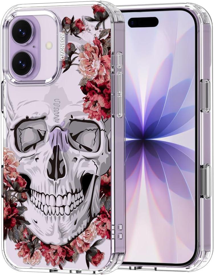 MOSNOVO for iPhone 17 Case | Military Grade 6.6ft Drop Tested | Camera Control | Clear with Red Flower Skull Design