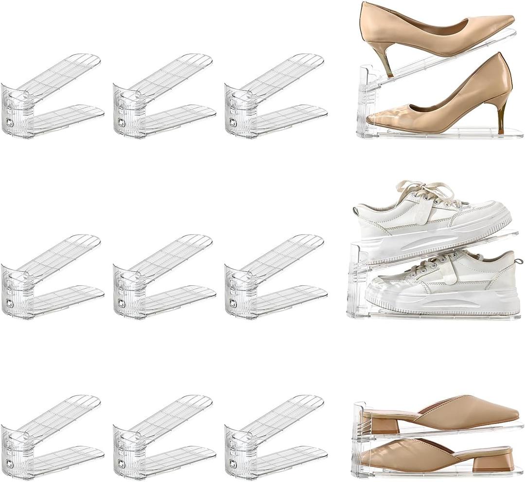 12 Pack Shoe Slots Organizer Adjustable Level Shoe Stacker Holder Storage Space Saving Sneakers Display Tray Rack for Closet (Transparent)