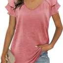 2 x T&Twenties Womens Summer Tops Ruffle Short Sleeve Tunic Tops V Neck Loose Fit Flowy T-Shirts (M)