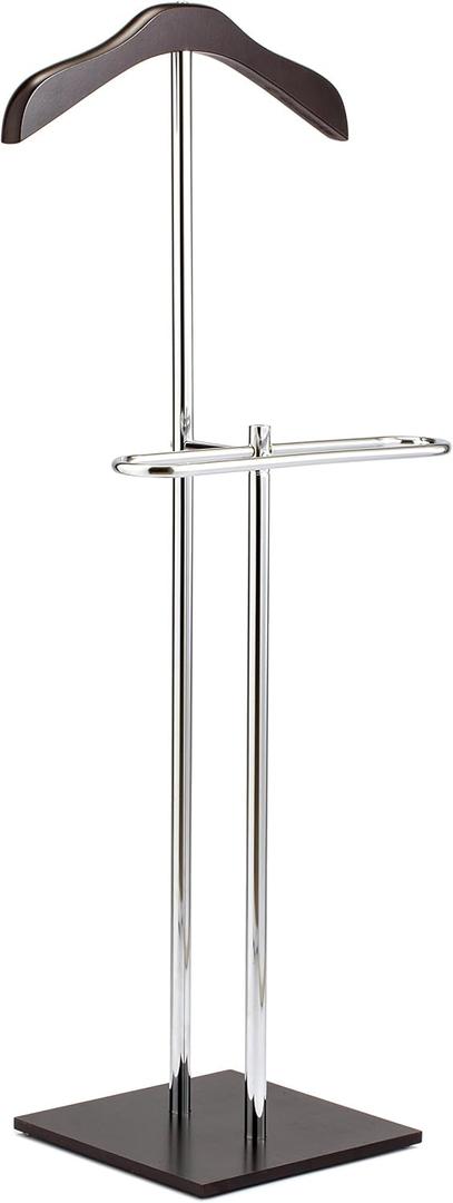 MyGift Brown Wood and Metal Valet and Suit Stand, Executive Men's Garment Organizer Rack Coat and Pants Hanger