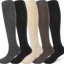 Justay 5 Pairs Winter Knee High Socks Warm Tall Boot, Soft Knit Thermal Cotton Long Socks for Women Gifts (One Size, Black Dark Grey Coffee Khaki)
