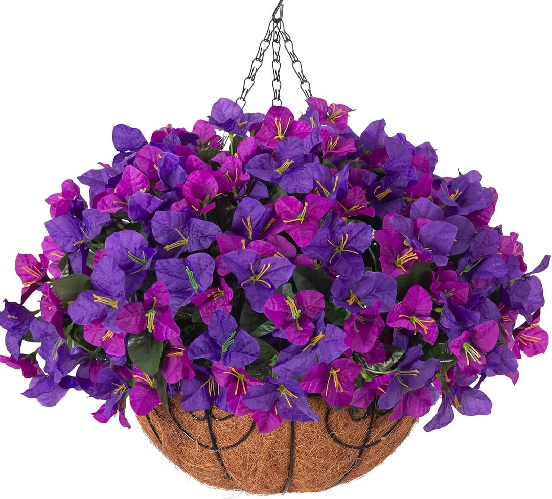 Artificial Hanging Flowers Faux Plants Basket for Outdoors Spring Summer Decor, Fake Silk Bougainvillea in Planter Outdoor Look Real UV Resistant Faux Flower for Outside Porch Patio Garden Home, Dark Purple + Fuchsia