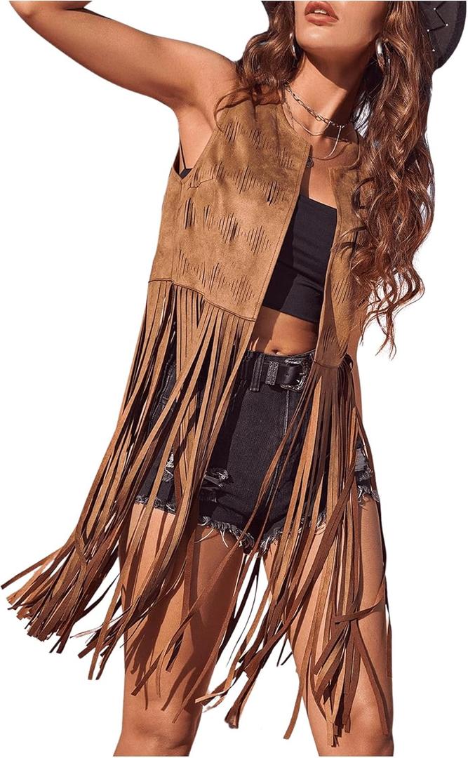 Women's Fringe Vest Sleeveless 70s Hippie Faux Suede Trim Western Cowgirl Tassel Jacket Cardigan (Brown, XL)