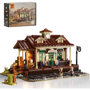 FUNWHOLE Wild West Train Station Lighting Building-Bricks Set - 1975 Pcs Collectible Train Playset for Adults and Teens, Large