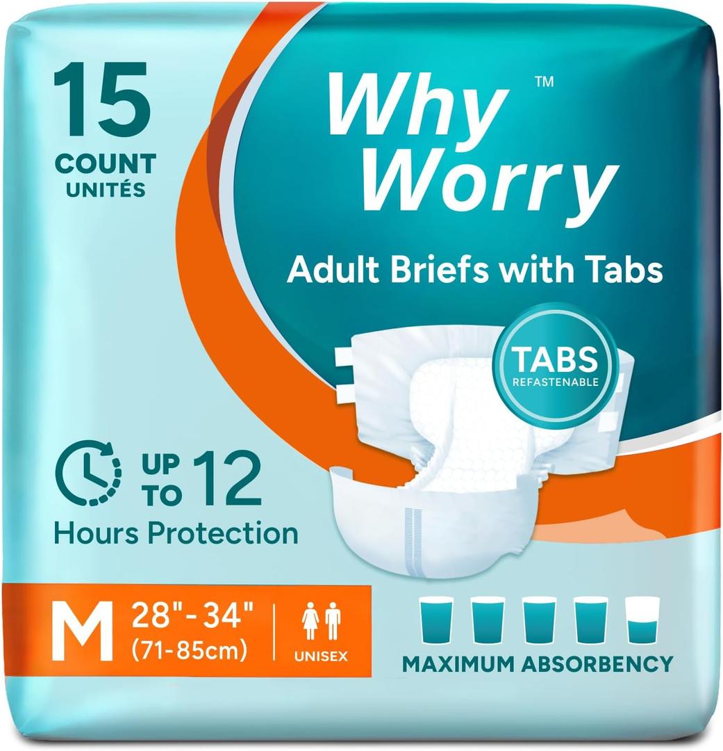 WhyWorry Adult Diapers with Tabs, Disposable Incontinence Briefs for Women & Men with Maximum Absorbency, Adult Briefs for Incontinence Overnight, Odor Control, Unisex, Large, 60 Count (4 Packs of 15)