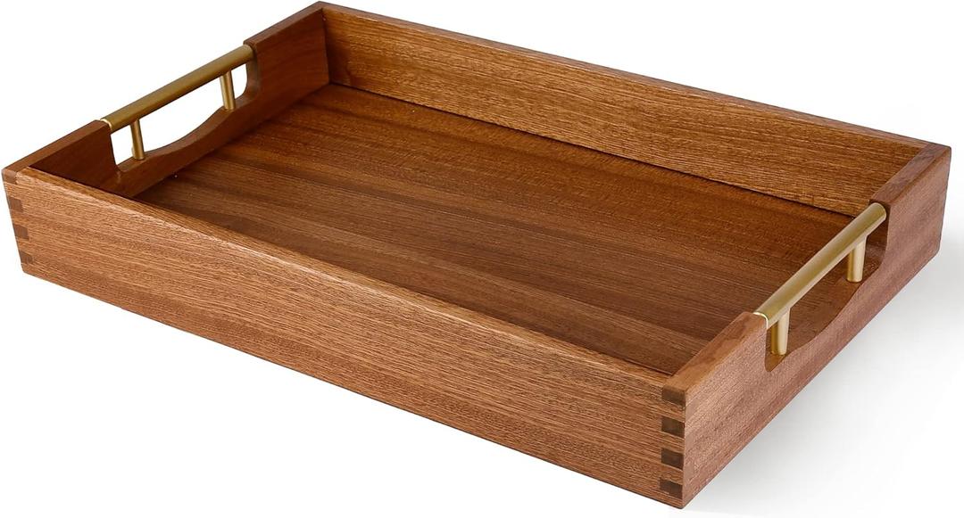 LotFancy Wood Serving Tray, 17x13 Inch, Large Ottoman Tray with Handles, Decorative Wooden Tray for Living Room, Ottoman, Coffee Table, Countertop Centerpiece (Brown)