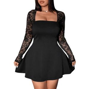 Floerns Women's Plus Size Contrast Lace Sheer Long Sleeve A Line Dress Square Neck Mini Dresses Black XX-Large Plus