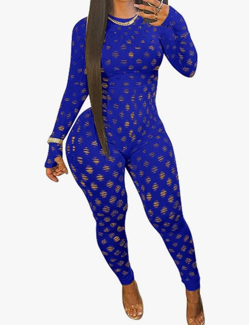 MENCCINO One Piece Jumpsuits for Women Sexy See Through Hollow Out Long Bodycon Pants Leggings Club Outfits, Large