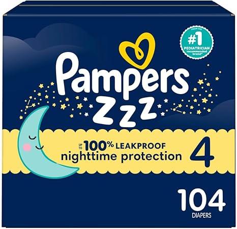 Pampers ZZZ Overnight Diapers, Size 4 (22-37 lbs), 104 Count, Nighttime Protection Disposable Baby Diaper, Night Time Leak and Skin Protection