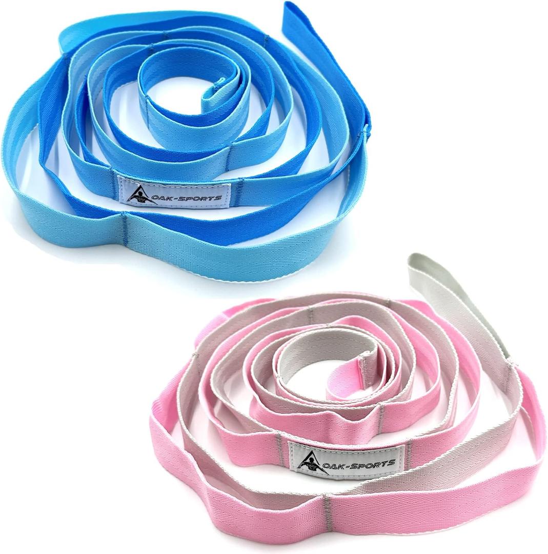 Stretching Strap Yoga Strap with Loops, Stretch Straps for Physical Therapy, Non-Elastic Exercise Strap for Pilates, Dance and Gymnastics with Workout Guide (Blue/Light Blue+Pink/Light Gray)