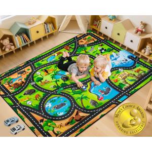 Kids Rug, 4x6 Ft Animal Car Rugs for Kids Toy Cars, Extra Thick (0.4in) - Non-Slip Zoo Road Rug Mat Carpet for Playroom & Bedroom, Educational Learning & Game Area