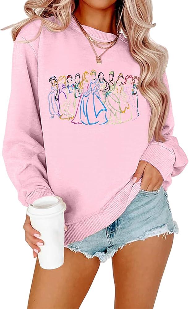 BANGELY Magical Sweatshirt Women Cute Embroidered Magic Princess Sweater Family Vacation Shirt Casual Long Sleeve Top, Pink , Size M