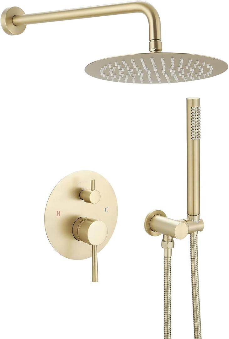 BWE Brushed Gold Bathroom Luxury Rain Mixer Shower Combo Set Wall Mounted Shower Kit Rainfall Shower Head System Shower Faucet Rough-in Valve Body and Trim Included