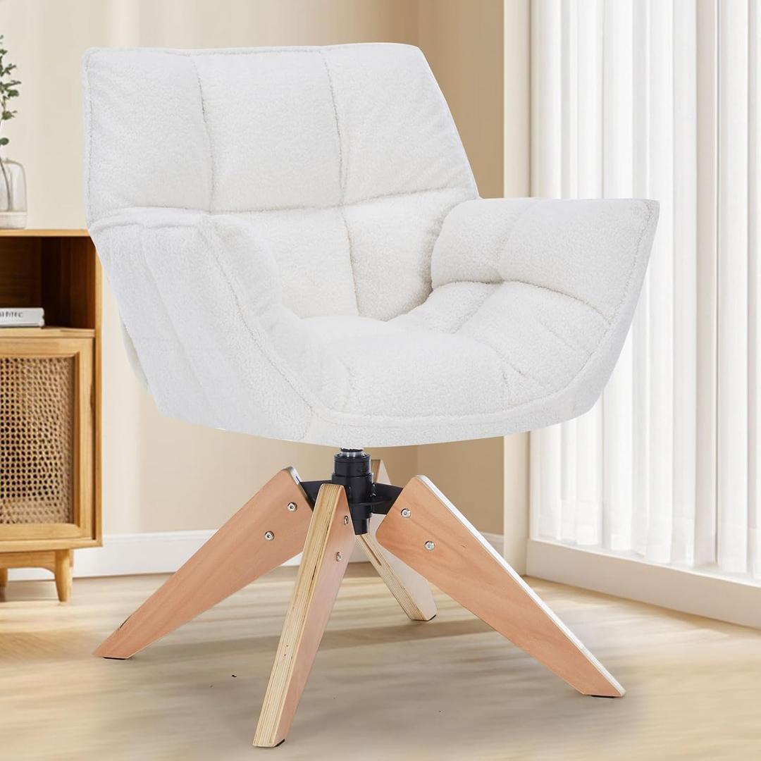 Modern Lambs Wool Accent Chair with Armrest, Sherpa Vanity Desk Chair No Wheels, Mid Century Comfy Upholstered Armchair with Wood Legs for Living Room, Bedroom, Makeup Room, Off-White