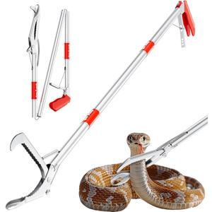 50" Collapsible Snake Grabber Tongs, Stainless Steel Snake Catcher Tool with Wide Jaws & Non-Slip Handle  Humane Reptile Handling Tool for Home, Yard & Outdoor Safety (Red)