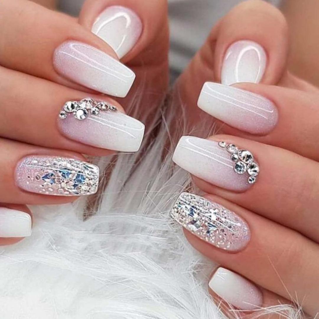 Medium Coffin Press On Nails Crystal Gem Design Fake Nails Acrylic Gradient Bling False Nails Reusable Ballerina Stick On Nails for Women and Girls 24 PCS
