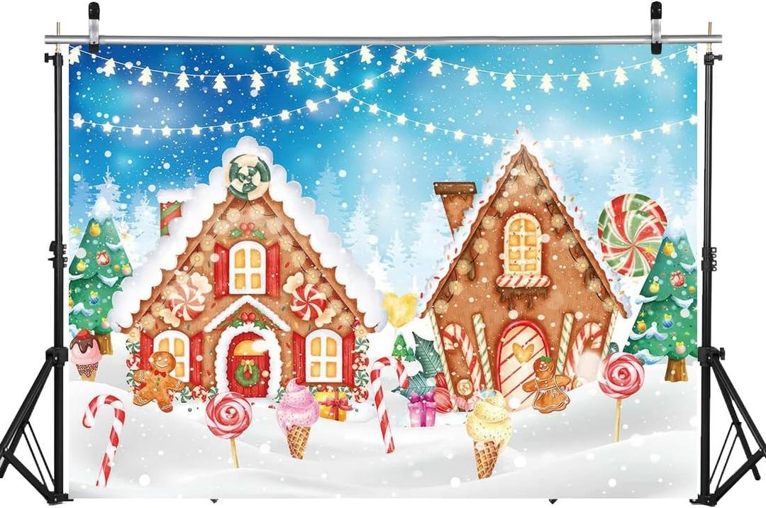 WOLADA Christmas Gingerbread House Backdrop Festive Candy Land with Snowy Scene String Lights Ideal for Christmas Kids' Parties Holiday Photo Shoots Family Gatherings Festive Decor 7x5FT 12631