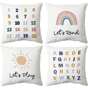 huester Let's Read Let's Play Alphabet Numbers Chart Boho Sun Rainbow Throw Pillow Cover,18"X18"Set of 4 Pillowcase for Home Bedroom Kids Room Nursery Playroom Decor,Gift for Kids Teen Girls