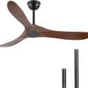 Walnut Wood 52" Ceiling Fan, No Light, 6-Speed, Reversible 3 Blades, Timed Shutdown, Silent DC Motor, for Bedroom, Porch and Living Room