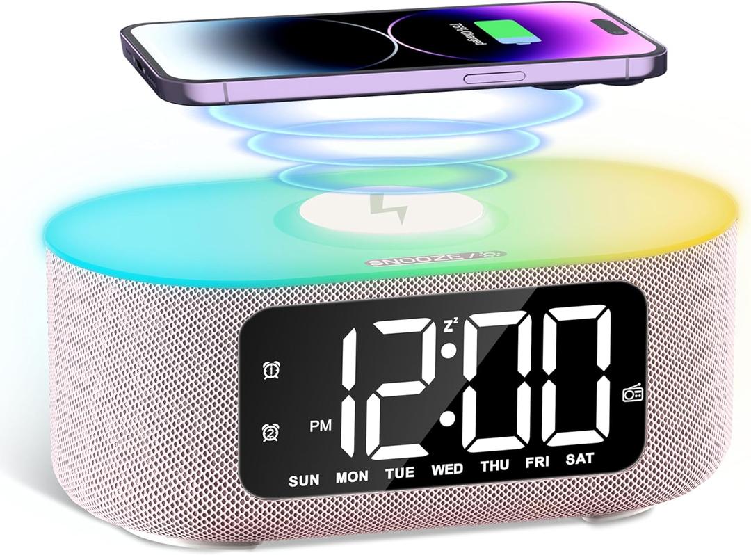 JALL Fabric Alarm Clock for Bedroom, with Big Led Screen Display, Bluetooth Stereo Sound Speaker, FM Radio, Fast Wireless Charging, USB Charging Port, Nightlight, White Noise, Ideal for Gift, Pink