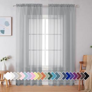 Simplebrand Light Grey Sheer Curtains 90 Inches Long 2 Panels, Light Filtering Rod Pocket Solid Color Window Sheer Curtain Panels, Elegant Curtains & Drapes for Living Room, Bedroom, 42" W x 90" L