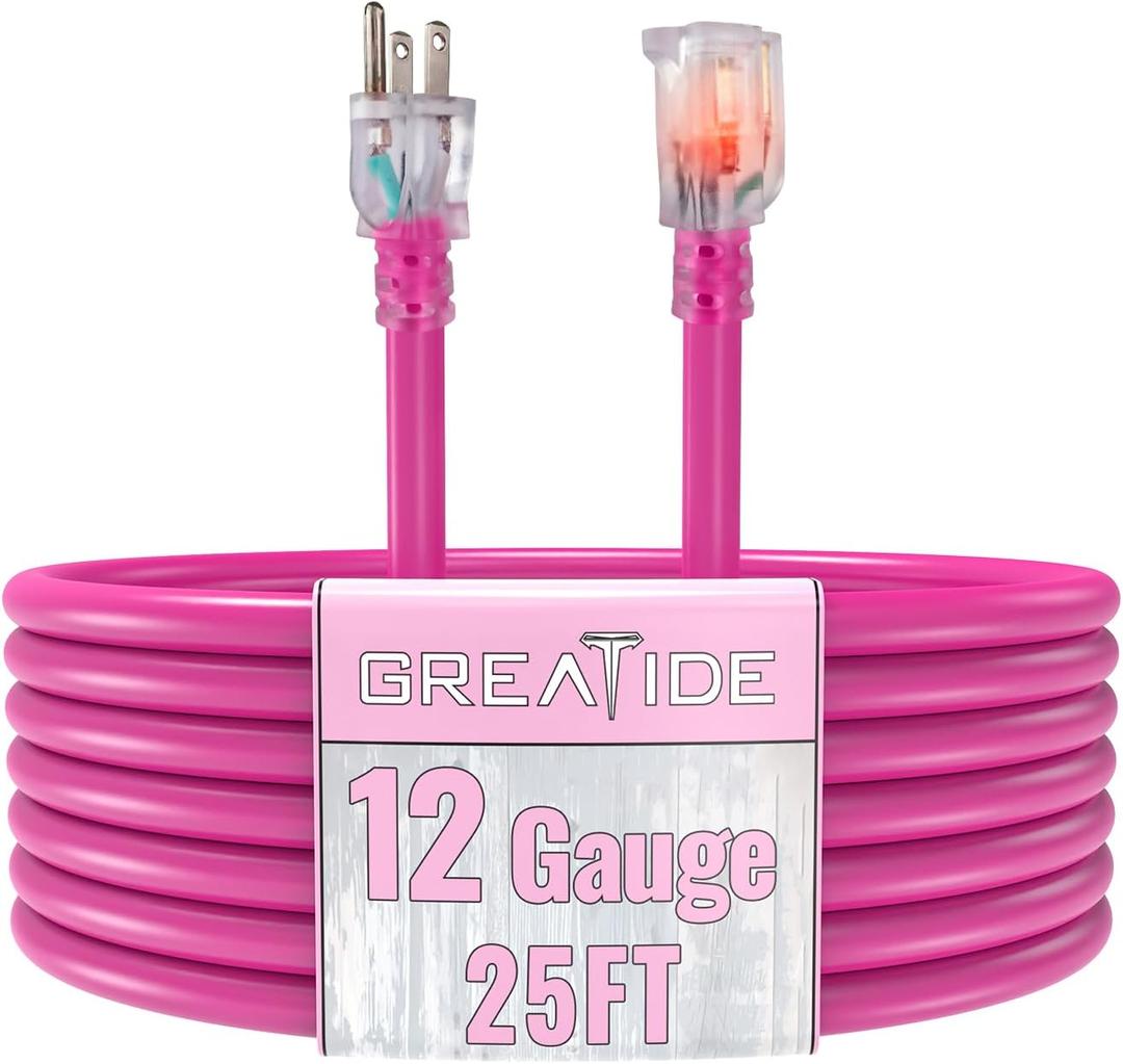 GREATIDE Outdoor Extension Cord with Lighted End, 12 Gauge Heavy Duty 25 FT, 3 Prong Grounded 15 Amp Extension Cord, 12/3 SJTW Waterproof Power Cord for Appliance, UL Listed, Pink