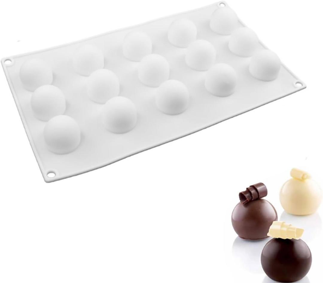 1pcs Truffle Sphere Silicone Mold, 15-Cavity Silicone Mini Cake Ball Mold, 3D Silicone Baking Mold for Cake Decoration Dessert Mousse Pastry Chocolate Jelly Ice Cream, Round Ball Shape