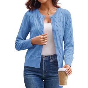 GRACE KARIN Womens Long Sleeve Button Up Cable Knit Cardigan Lightweight 2026 Crewneck Button Down Sweaters for Women (Blue) L