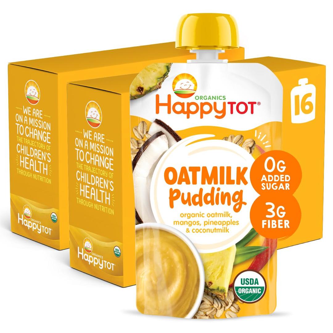 Happy Tot Organics Oatmilk Pudding, Dairy-Free, Stage 4 Toddler Snack, Oatmilk, Mangos, Pineapples & Coconutmilk, 4 Ounce Pouch, Pack of 16 (BB: October 12, 2025)